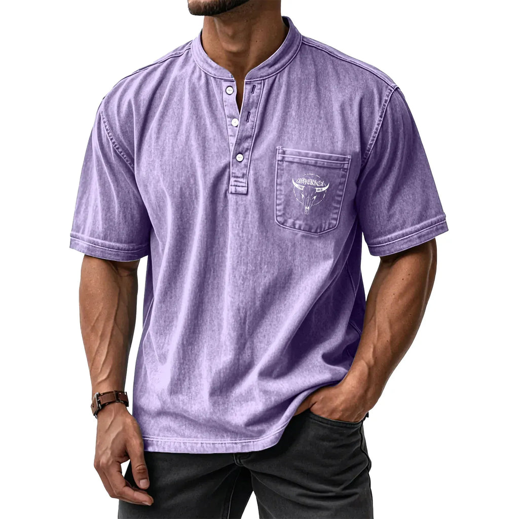 Men's Washed Cotton Short-Sleeve Henley Collar T-Shirt (Upgraded Version)