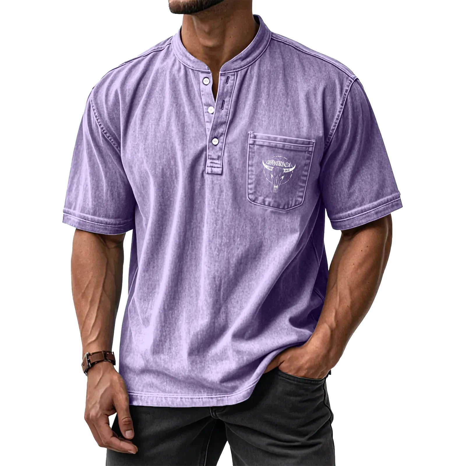 Men's Washed Cotton Short-Sleeve Henley Collar T-Shirt (Upgraded Version)