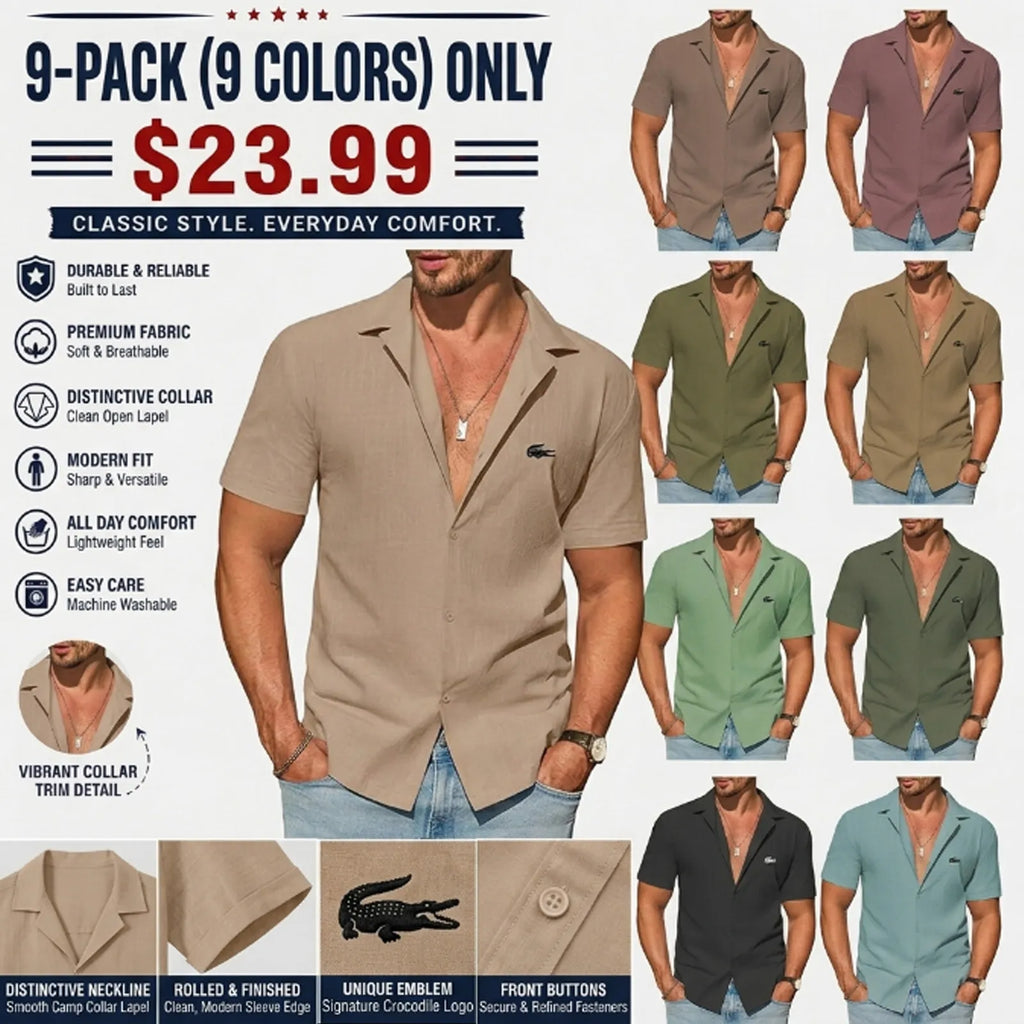 Mens Button Down Cotton Shirt Short Sleeve Casual Linen Untucked
