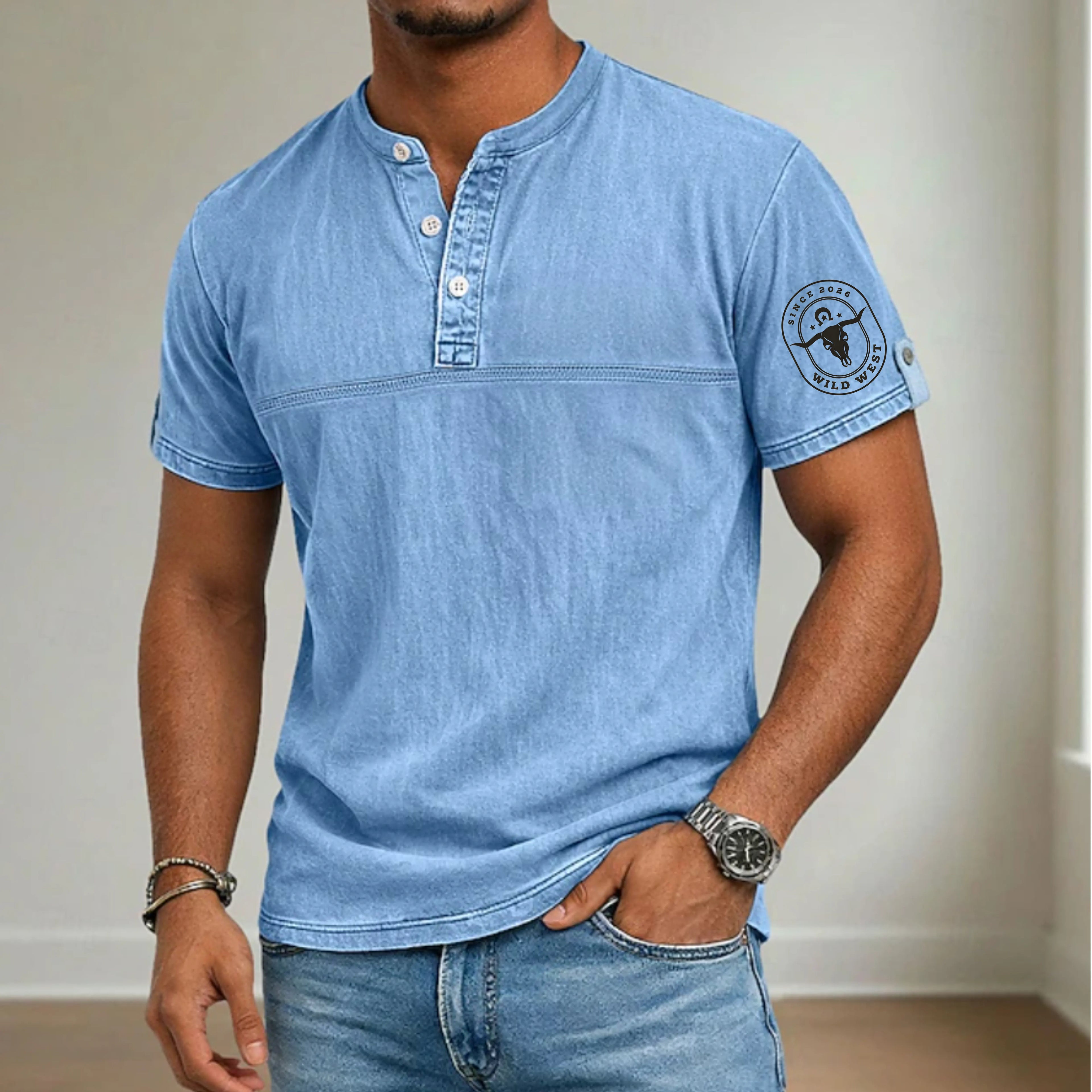 Men's Henley Shirt 100% Cotton Acid Wash Shirt Short Sleeve Henley