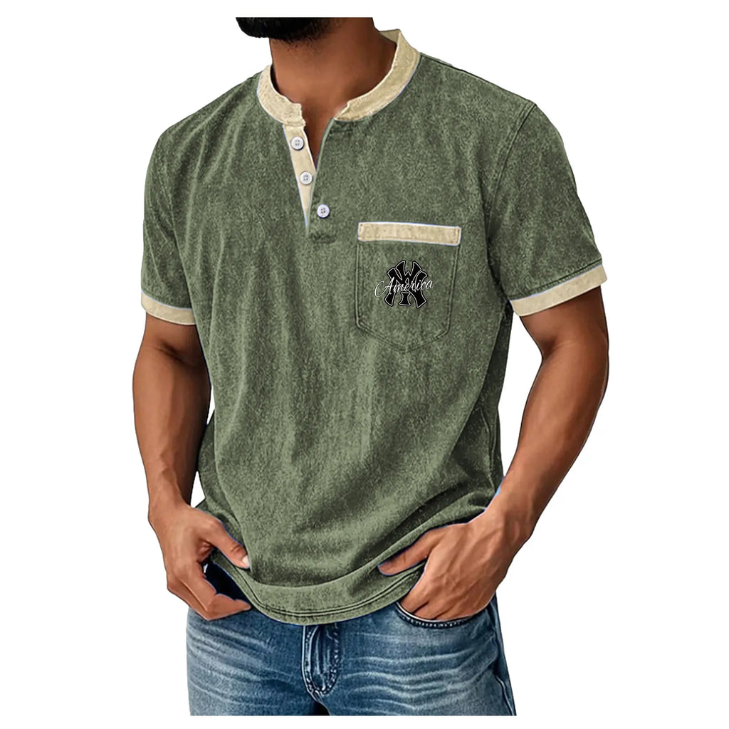 Men's Henley Shirt 100% Cotton Acid Wash Shirt T shirt Tee Short Sleeve Solid Retro