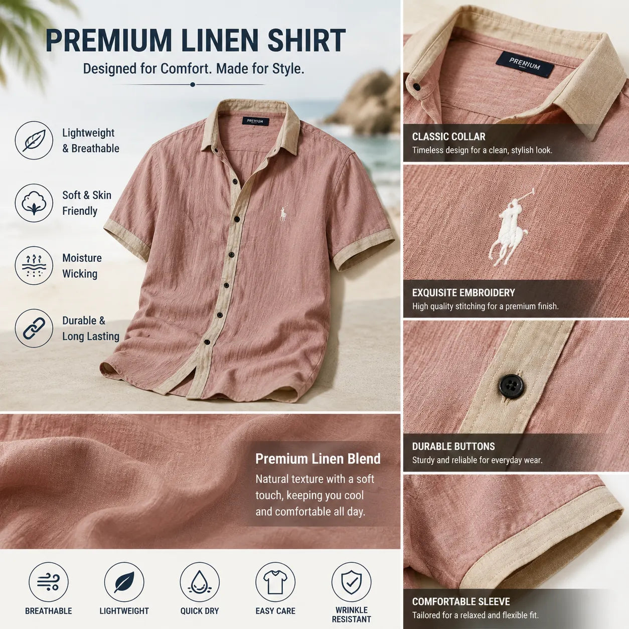 Men's Linen Shirt Summer Shirt Button-Down Shirt Beach Shirt
