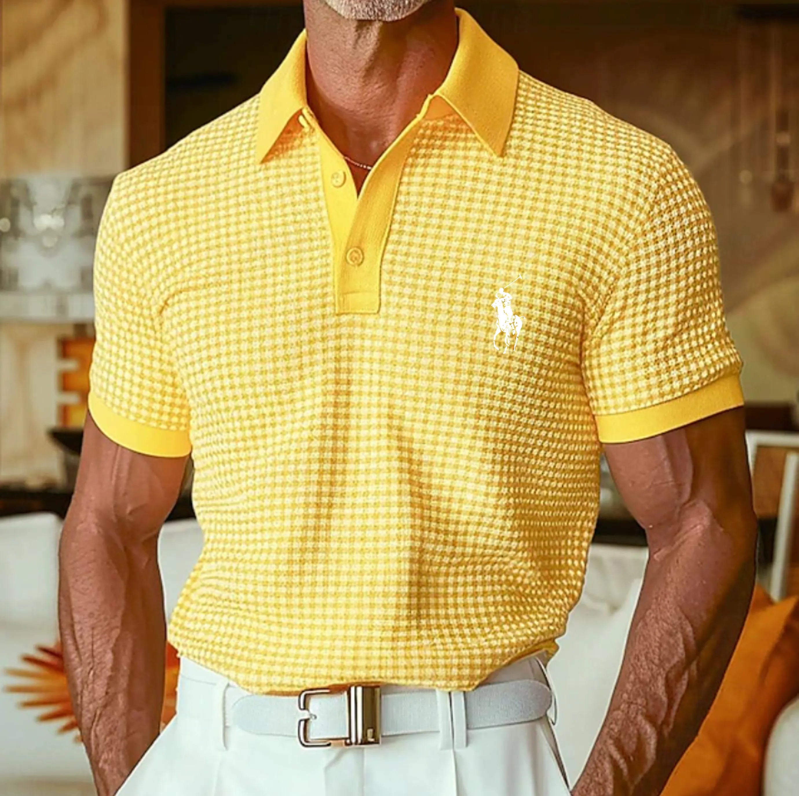 Men's Waffle Polo Shirts Textured Casual Holiday Lapel Ribbed Polo Collar Short