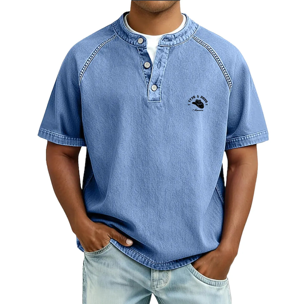Men's T Shirt Henley Shirt 100% Cotton Acid Wash Shirt Tee Top Short Sleeve Plain Vintage Streetwear Casual Washed Raglan Sleeves Stand Collar Henley Casual Home Street Fall & Winter Spring Fall