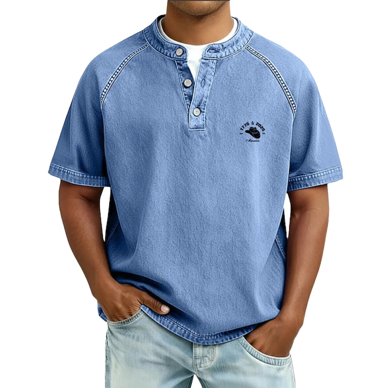 Men's T Shirt Henley Shirt 100% Cotton Acid Wash Shirt Tee Top Short Sleeve Plain Vintage Streetwear Casual Washed Raglan Sleeves Stand Collar Henley Casual Home Street Fall & Winter Spring Fall
