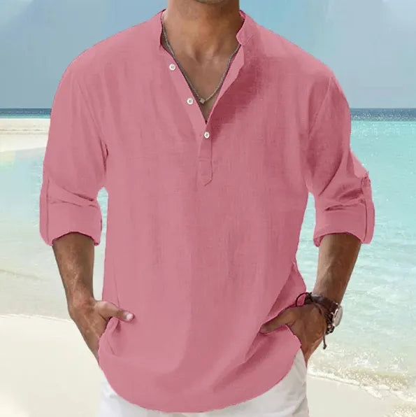Men's Linen Pullover Casual Shirt, Beach Stand Collar, Solid Color, Perfect for Beach Vacation
