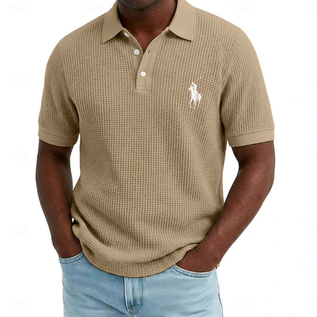 Men's Waffle Polo Shirts Textured Casual Holiday Lapel Ribbed Polo Collar Short