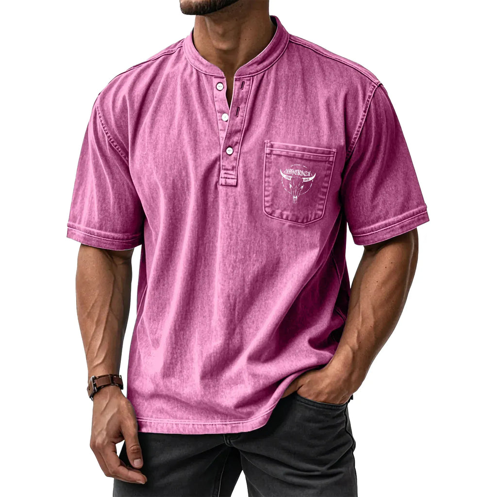 Men's Washed Cotton Short-Sleeve Henley Collar T-Shirt (Upgraded Version)