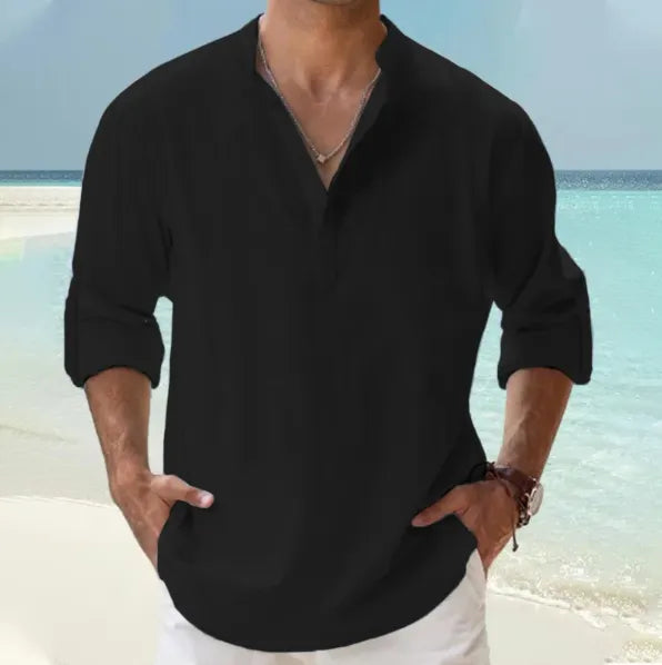 Men's Linen Pullover Casual Shirt, Beach Stand Collar, Solid Color, Perfect for Beach Vacation