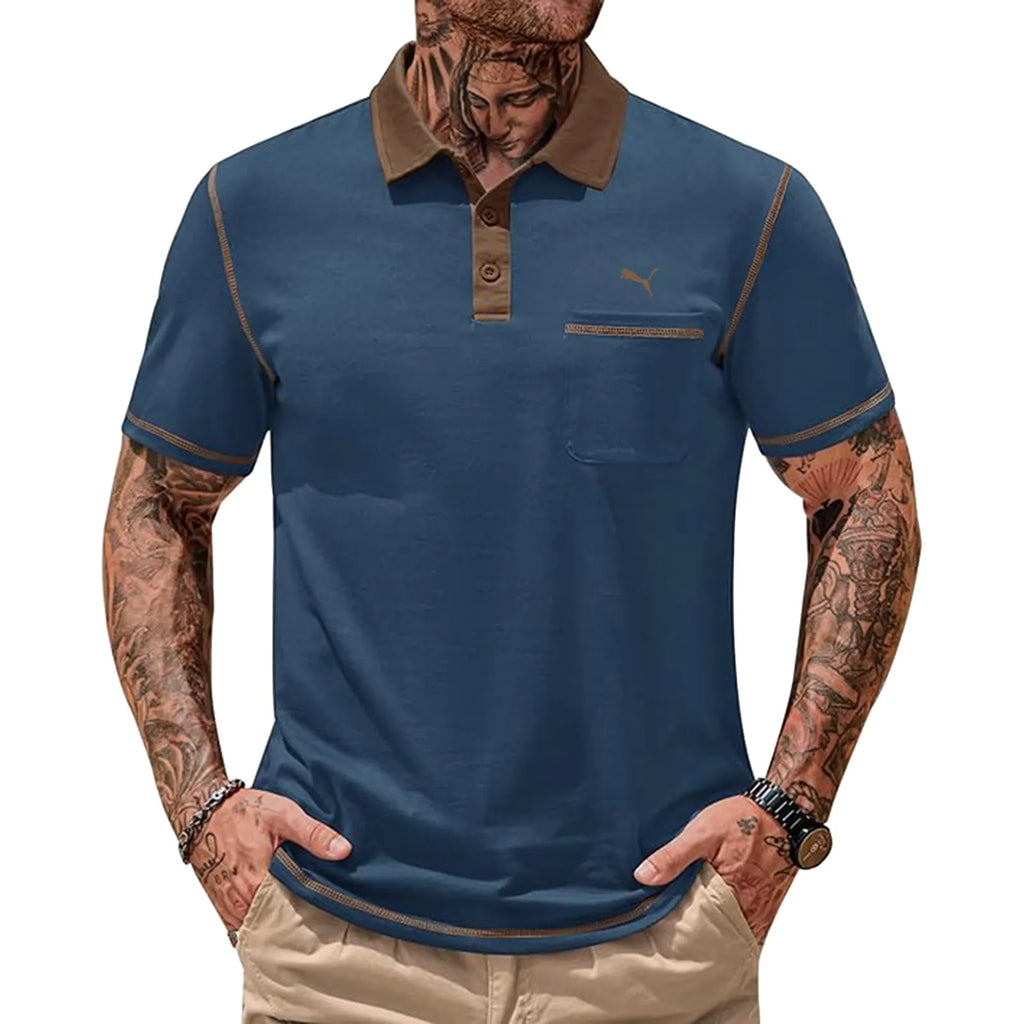 Mens Polo Shirts Casual Color Block Collar Short Sleeve Shirt with Pocket
