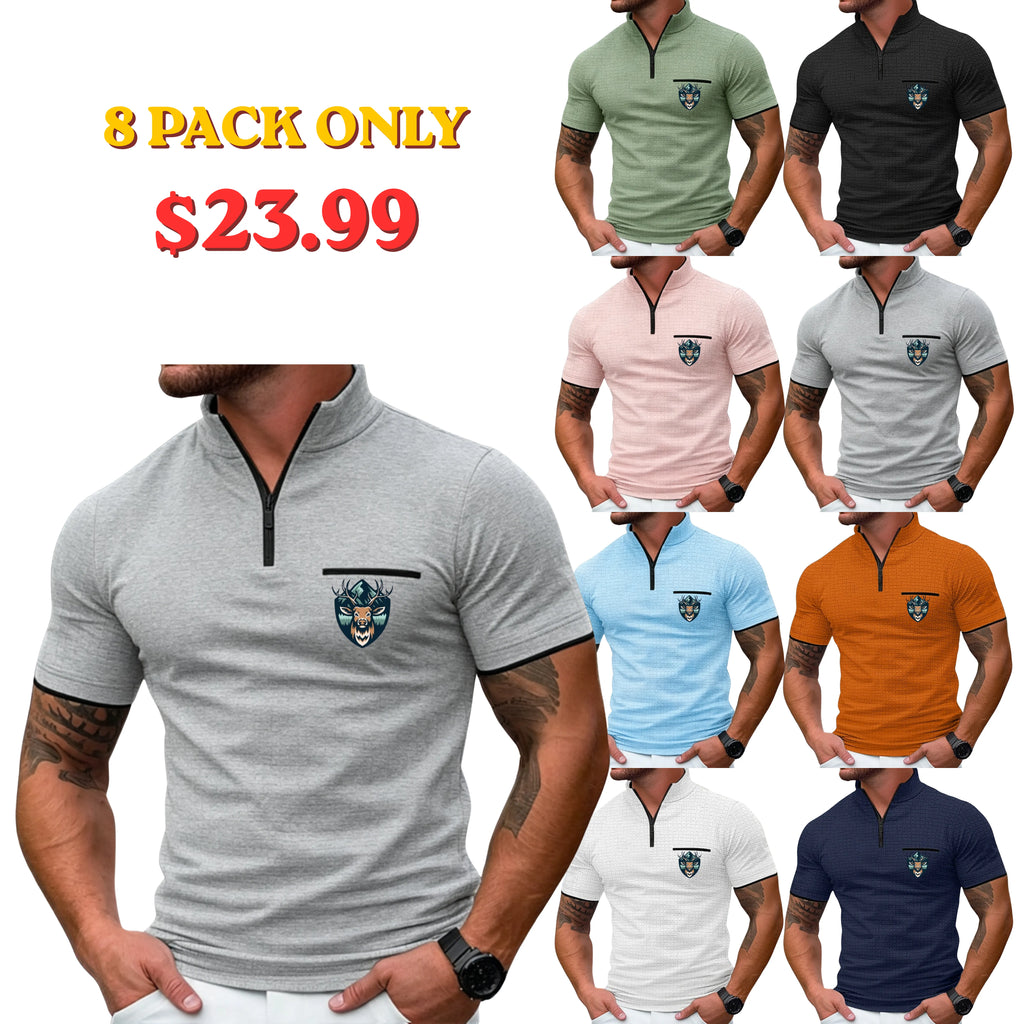 Men's Waffle Polo Shirts Zip Polo Casual Holiday Quarter Zip Short