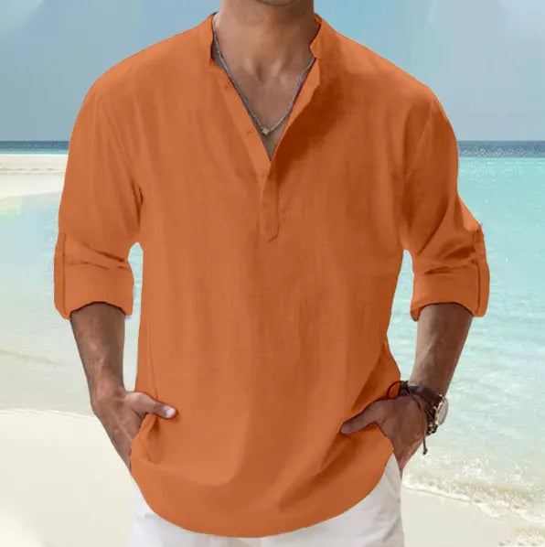 Men's Linen Pullover Casual Shirt, Beach Stand Collar, Solid Color, Perfect for Beach Vacation