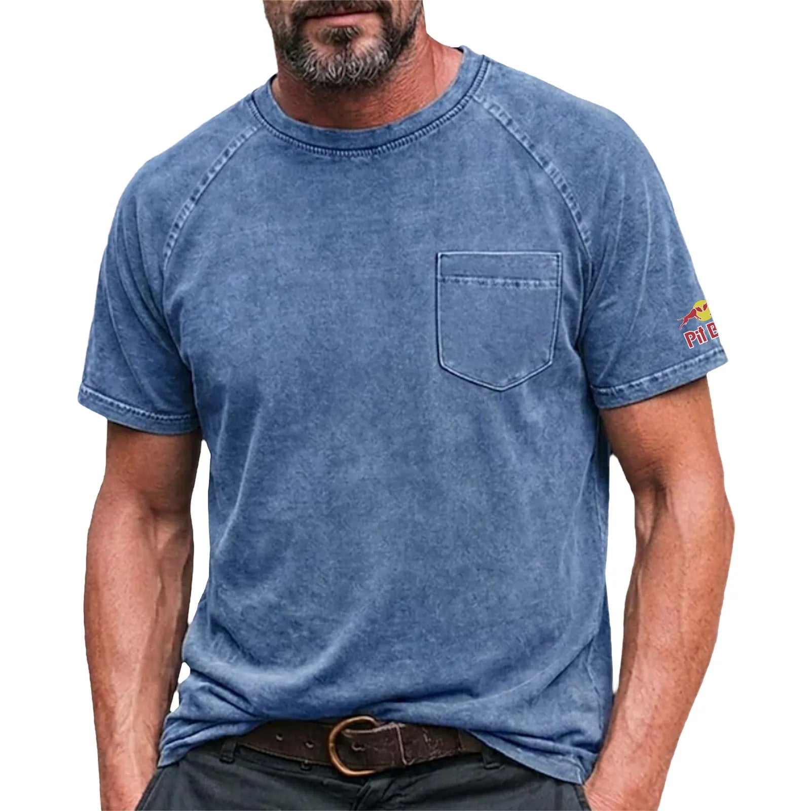 Men's Cotton T Shirt Washed Shirt Tee Top Short Sleeve Crew Neck Summer Spring All Seasons Solid Color Plain Retro Vintage Distressed Pocket Garment Dyed Washed Casual Vacation Street Light Blue