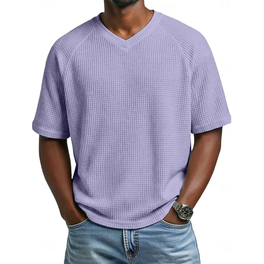 Men's Waffle T-shirt Tee Top Short Sleeve V Neck Summer Solid Color  Casual Raglan Sleeves