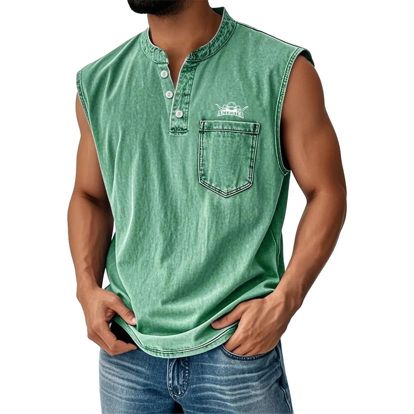 Work vest, Western vest, Casual sports outdoor vest, Henley collar button vest