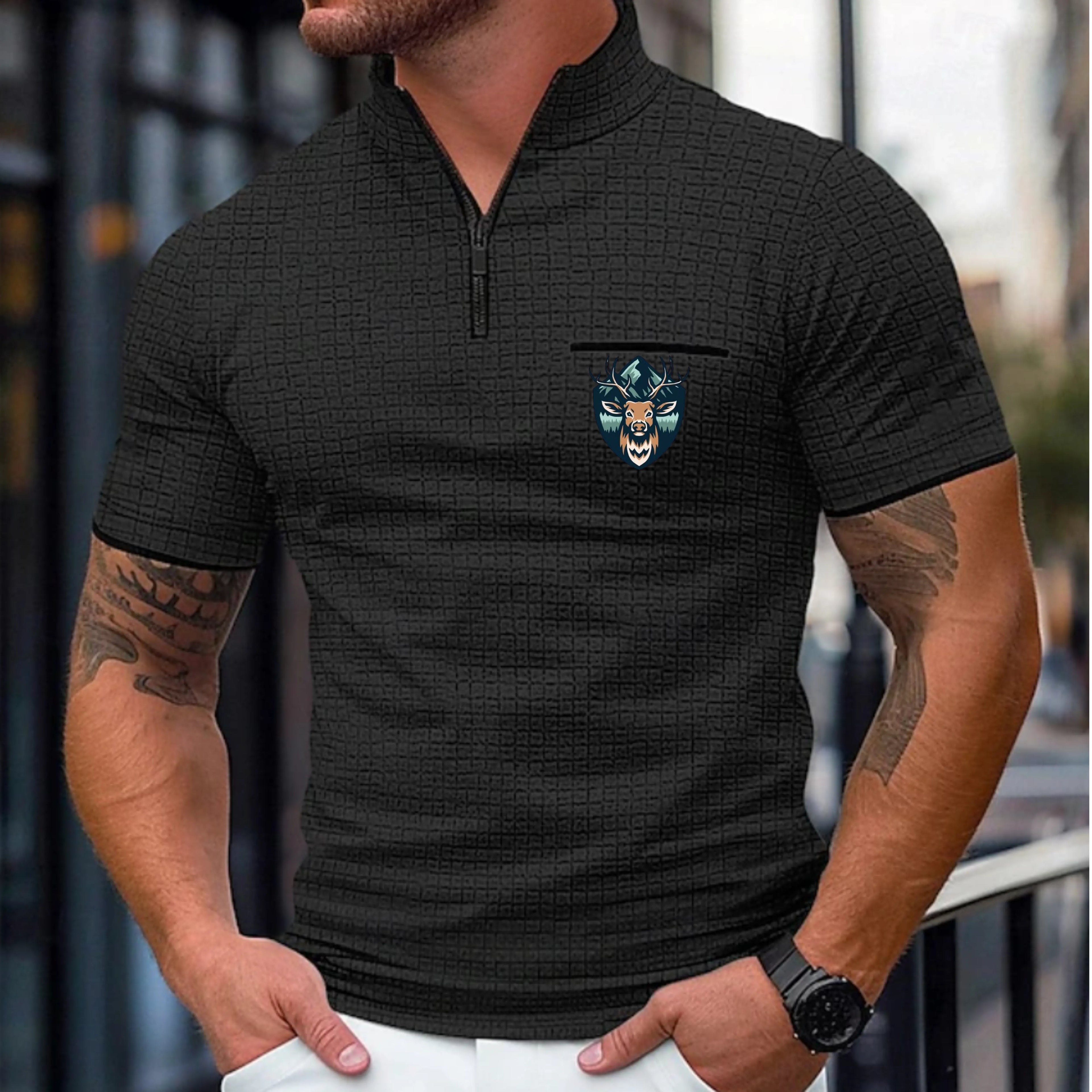 Men's Waffle Polo Shirts Zip Polo Casual Holiday Quarter Zip Short