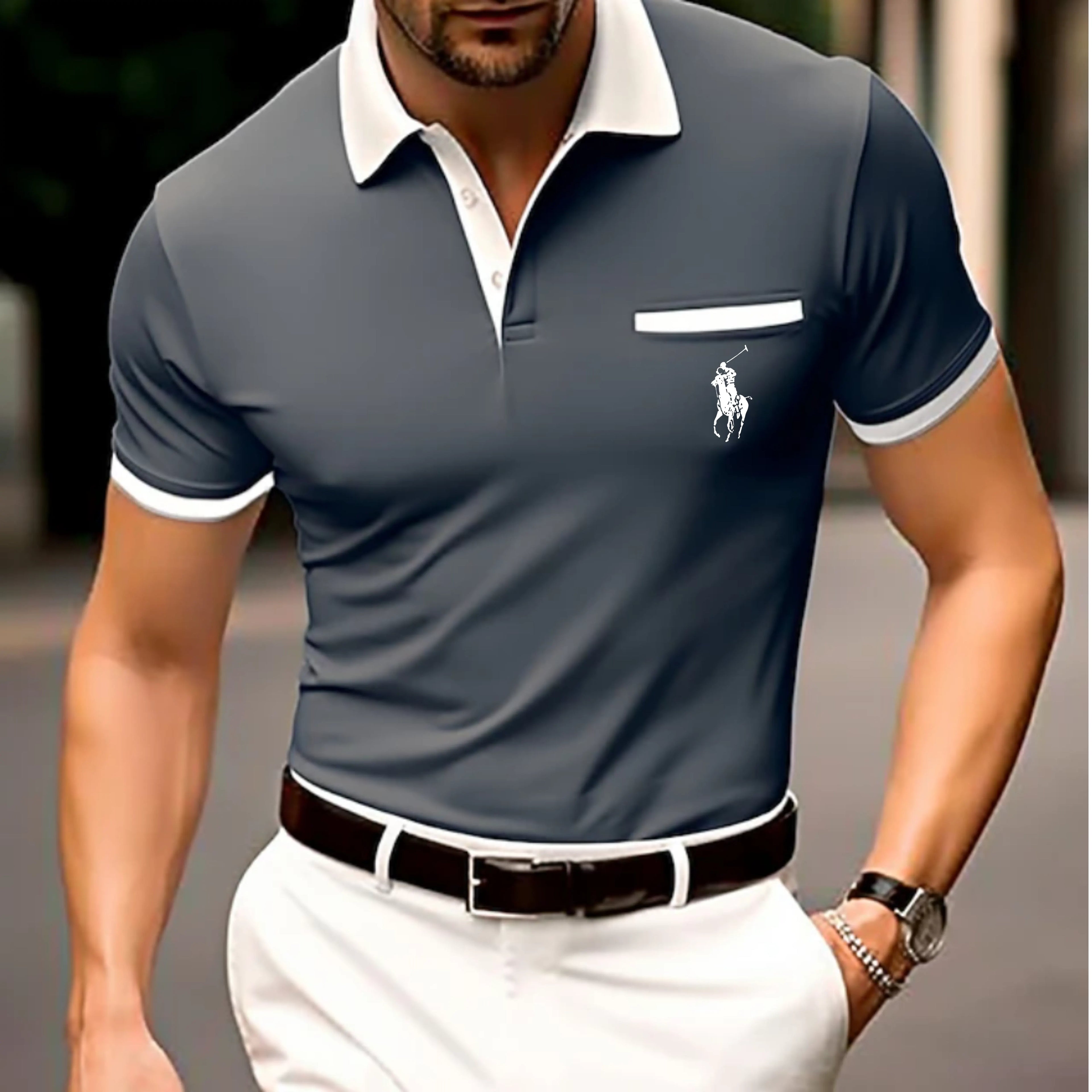 Men's Button Up Polos Cotton Polo Shirt Casual Holiday Lapel Ribbed Polo