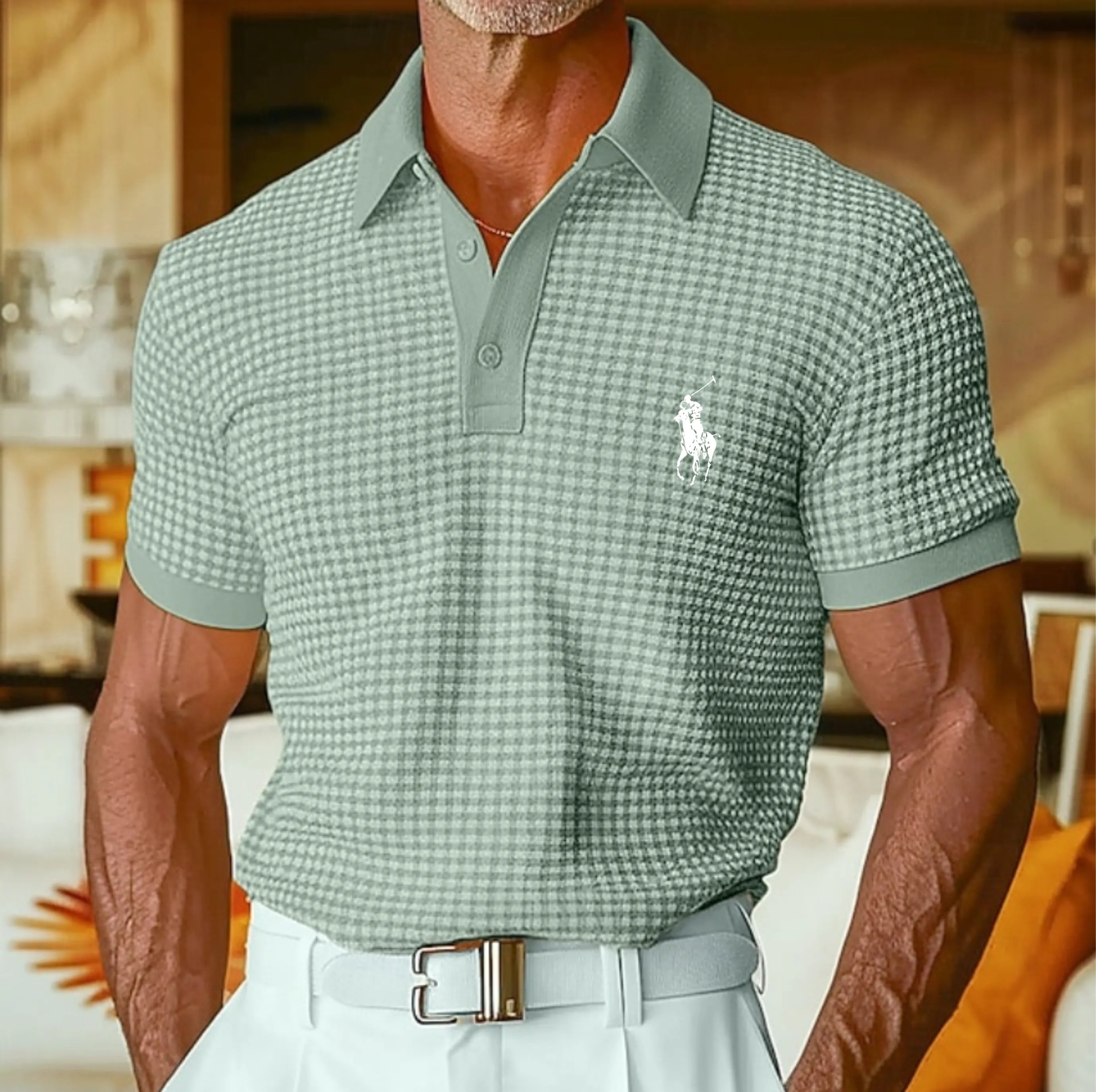 Men's Waffle Polo Shirts Textured Casual Holiday Lapel Ribbed Polo Collar Short