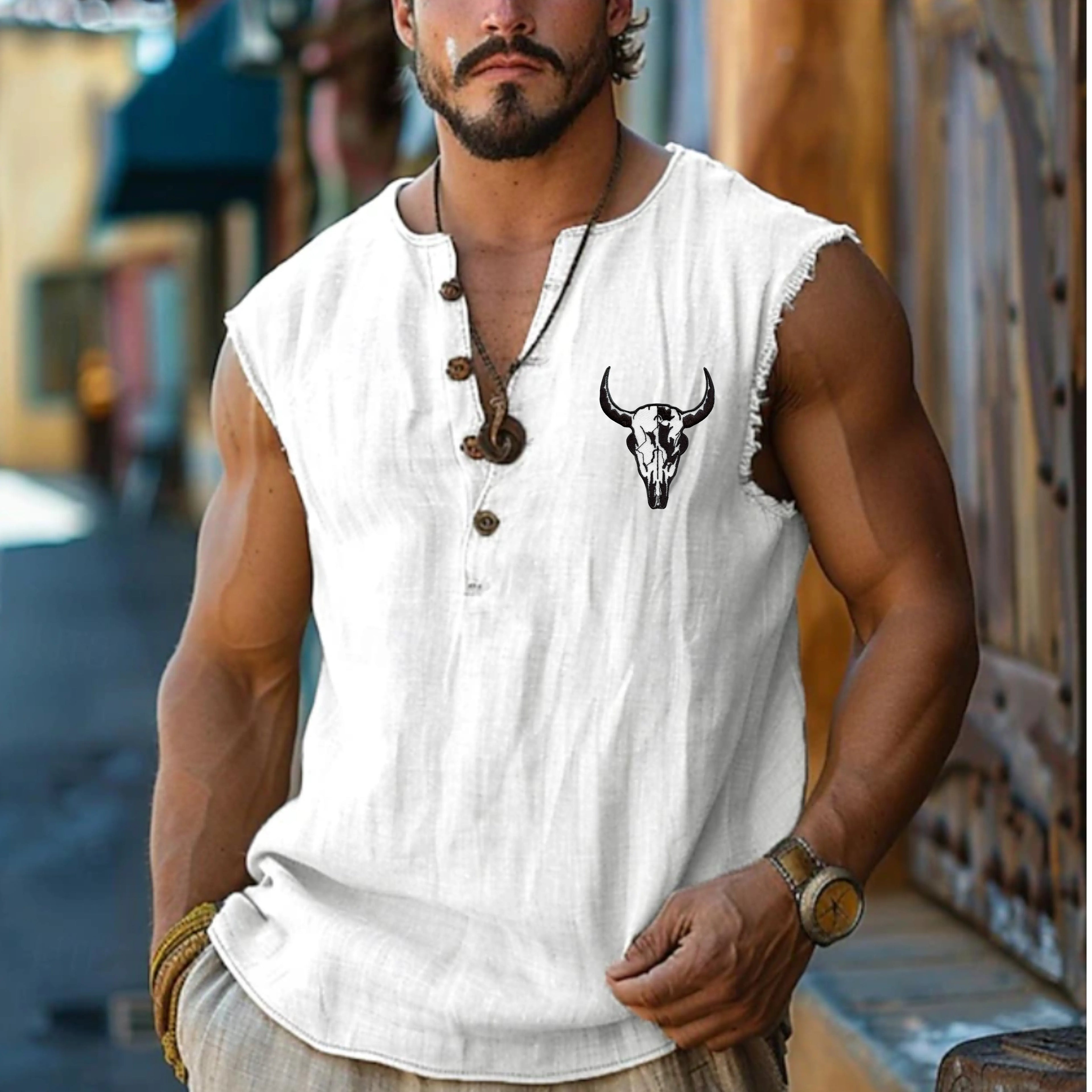 Men's Henley Shirt Vest Top Linen Tank Top Sleeveless Shirt Sleeveless Henley Summer Plain