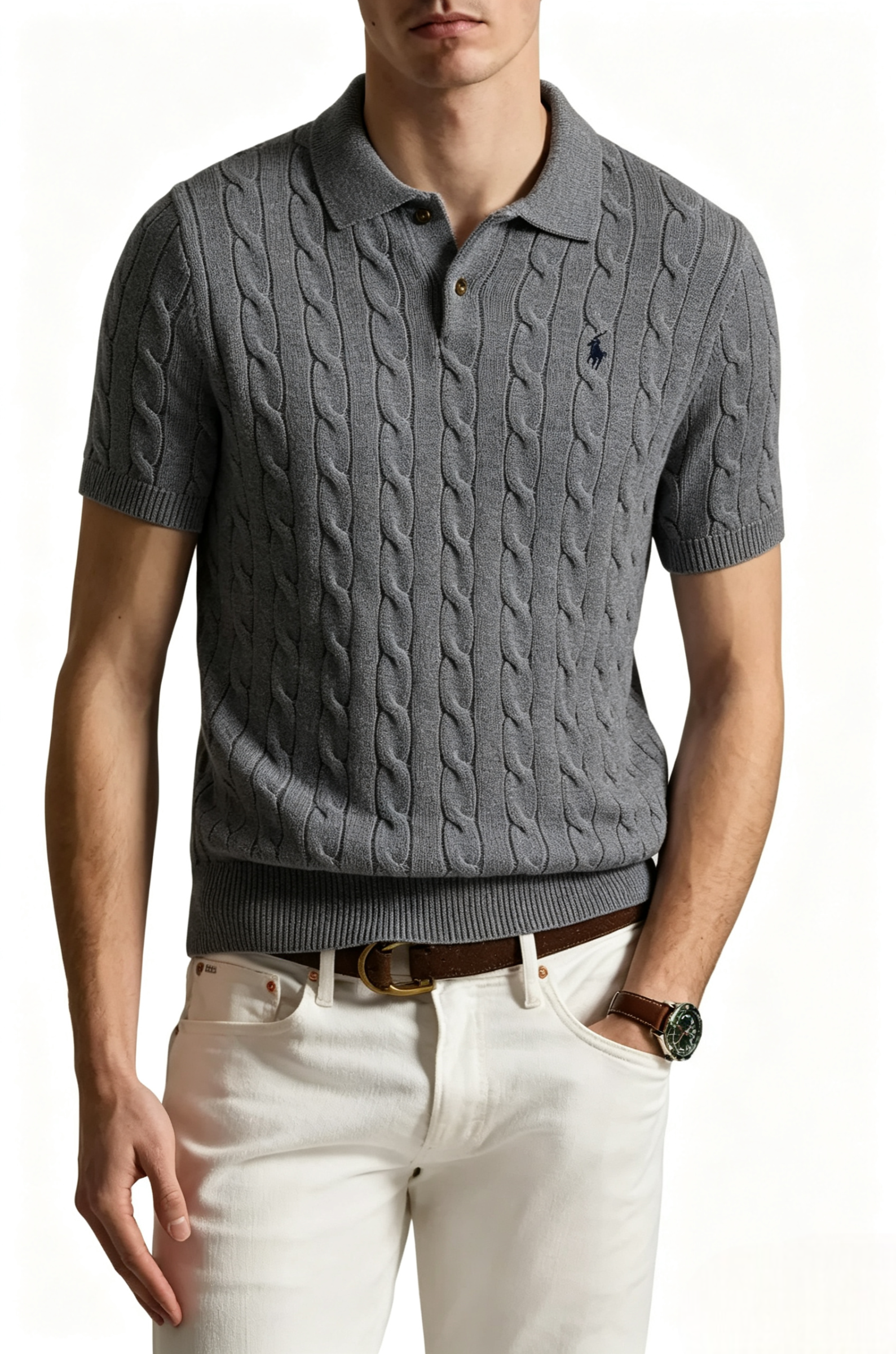 Cable-Knit Cotton Polo Sweater