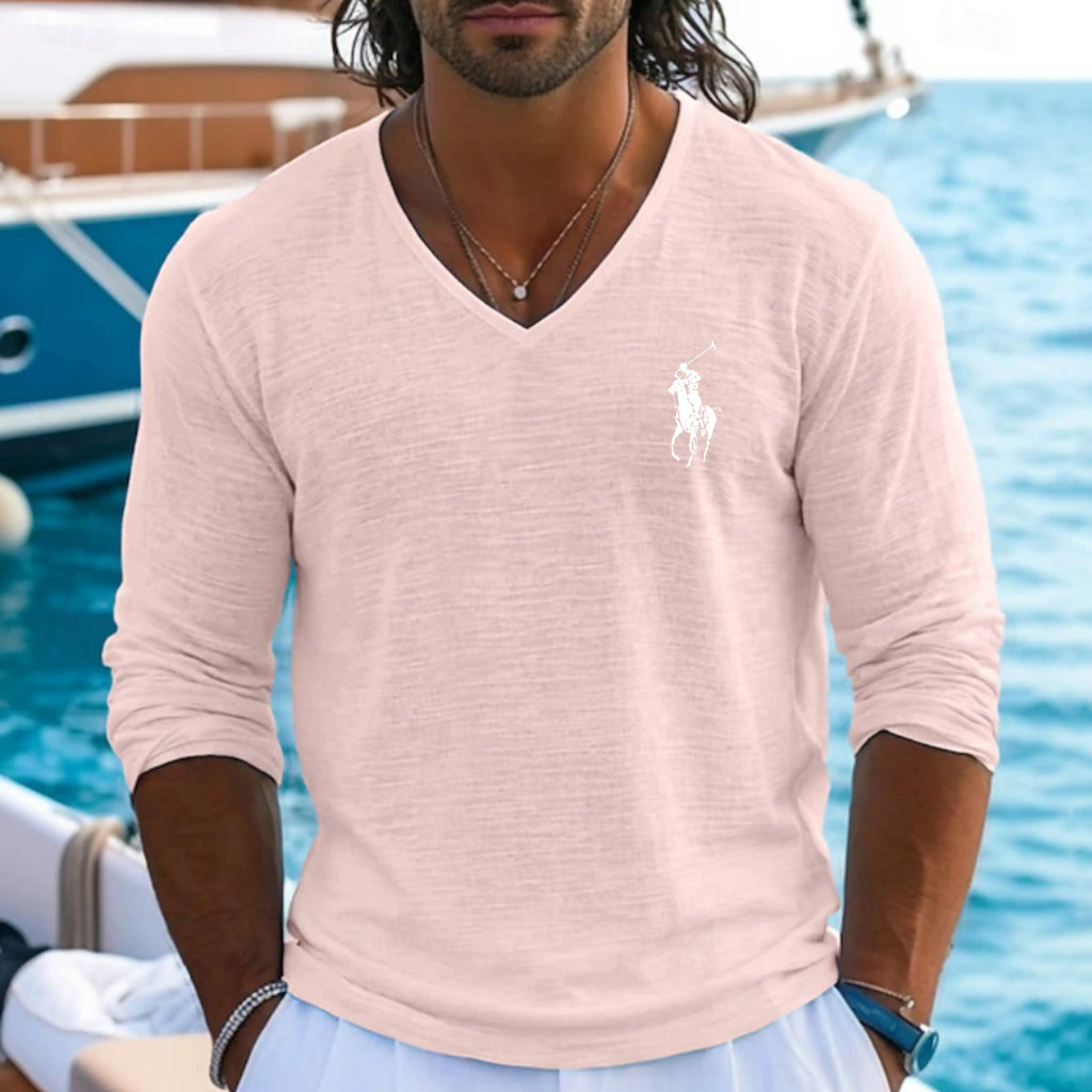 Men's Tee Top Linen T-Shirt Long Sleeve V Neck Summer Spring Spring & Summer Solid Color