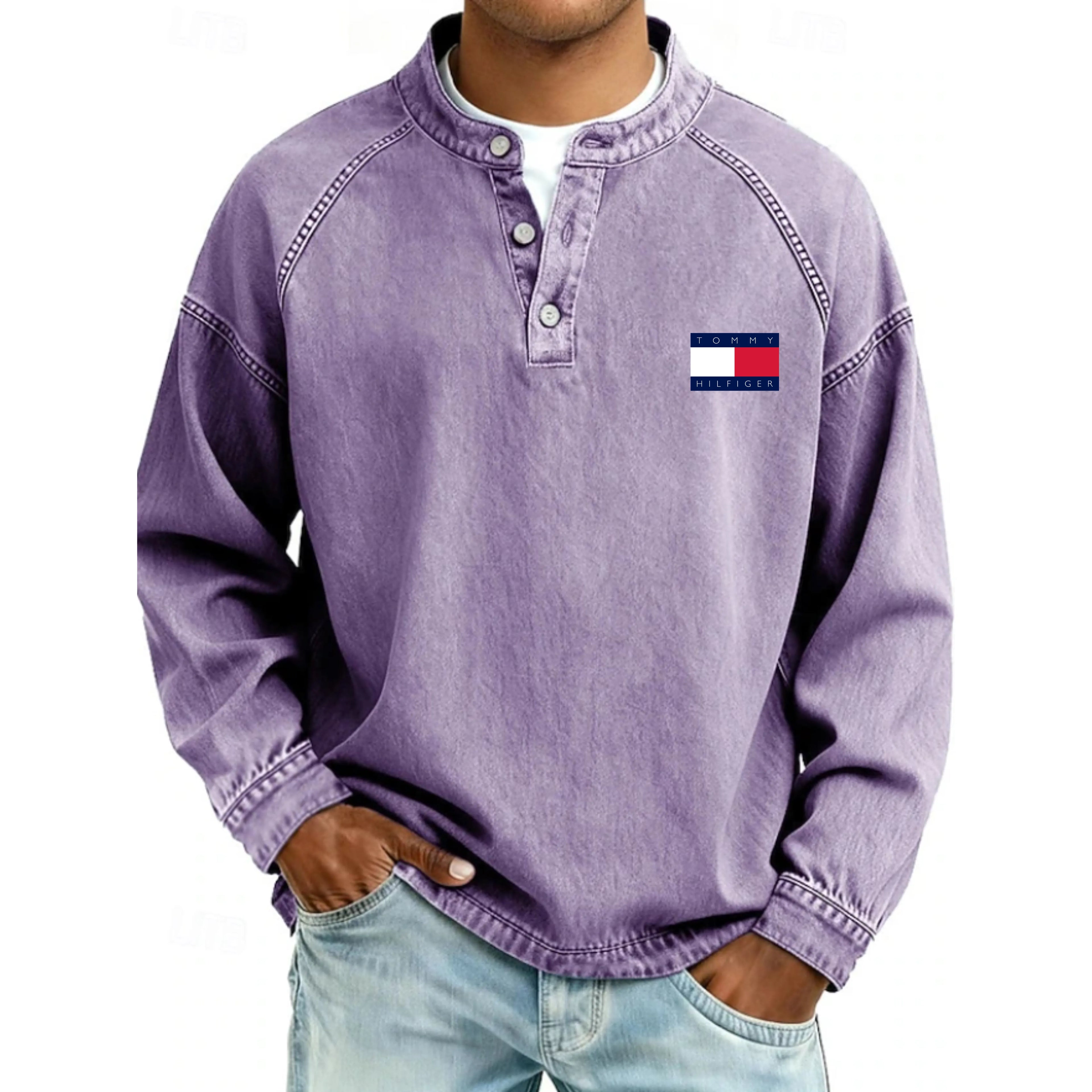 Men's T Shirt Henley Shirt 100% Cotton Acid Wash Shirt Tee Top