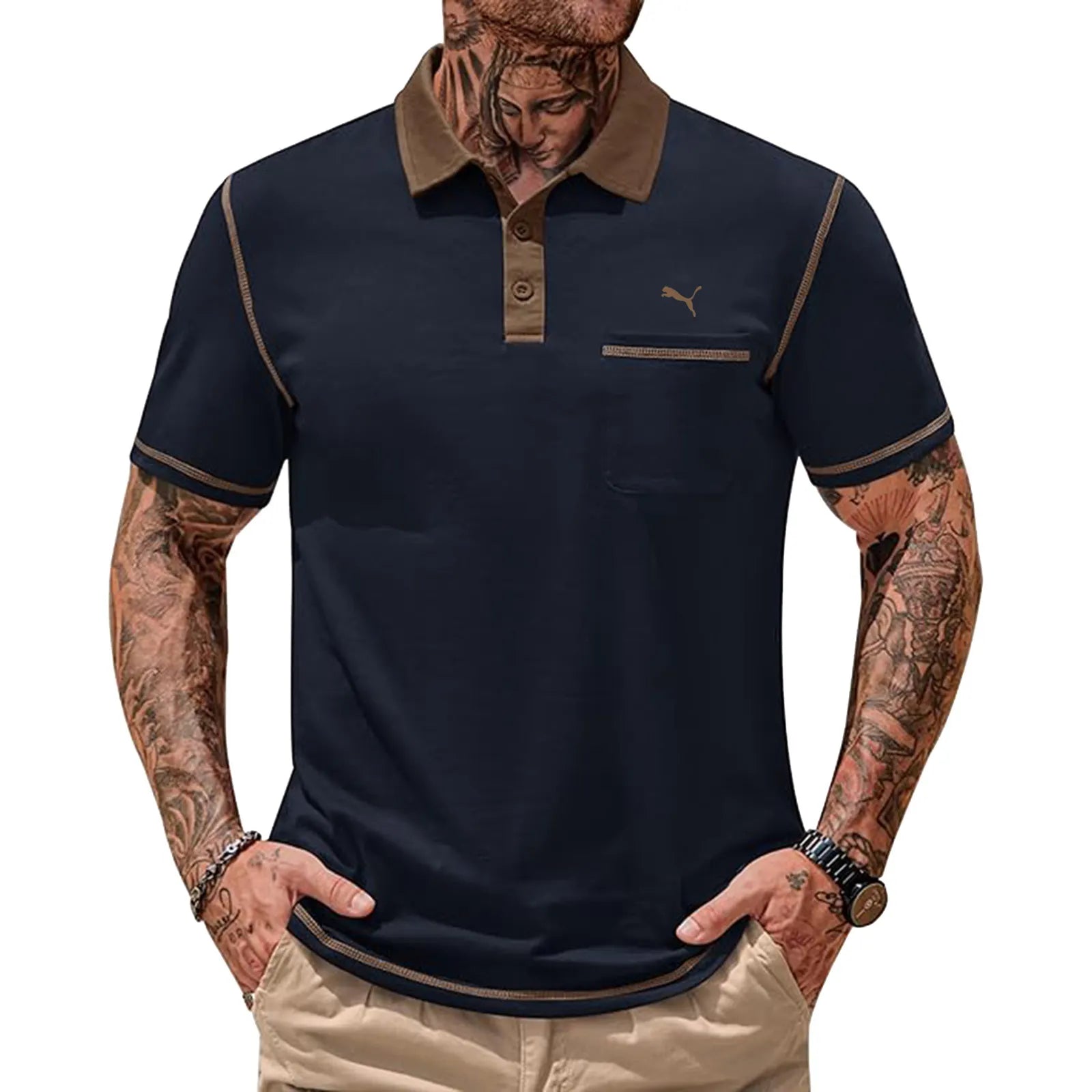Mens Polo Shirts Casual Color Block Collar Short Sleeve Shirt with Pocket