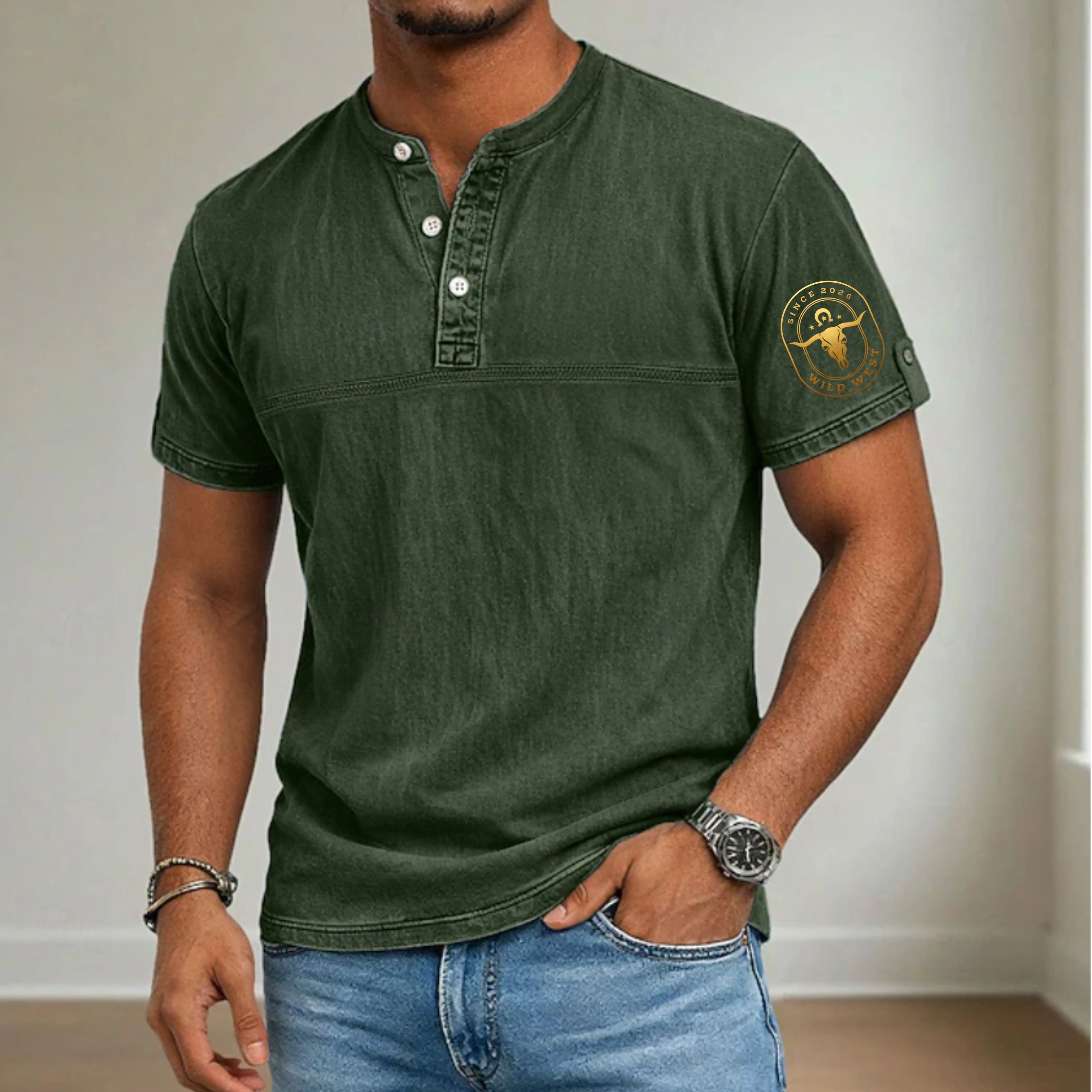 Men's Henley Shirt 100% Cotton Acid Wash Shirt Short Sleeve Henley