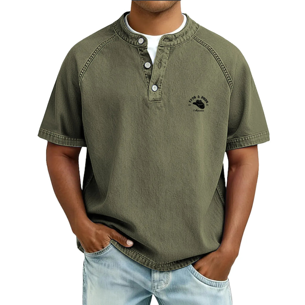 Men's T Shirt Henley Shirt 100% Cotton Acid Wash Shirt Tee Top Short Sleeve Plain Vintage Streetwear Casual Washed Raglan Sleeves Stand Collar Henley Casual Home Street Fall & Winter Spring Fall
