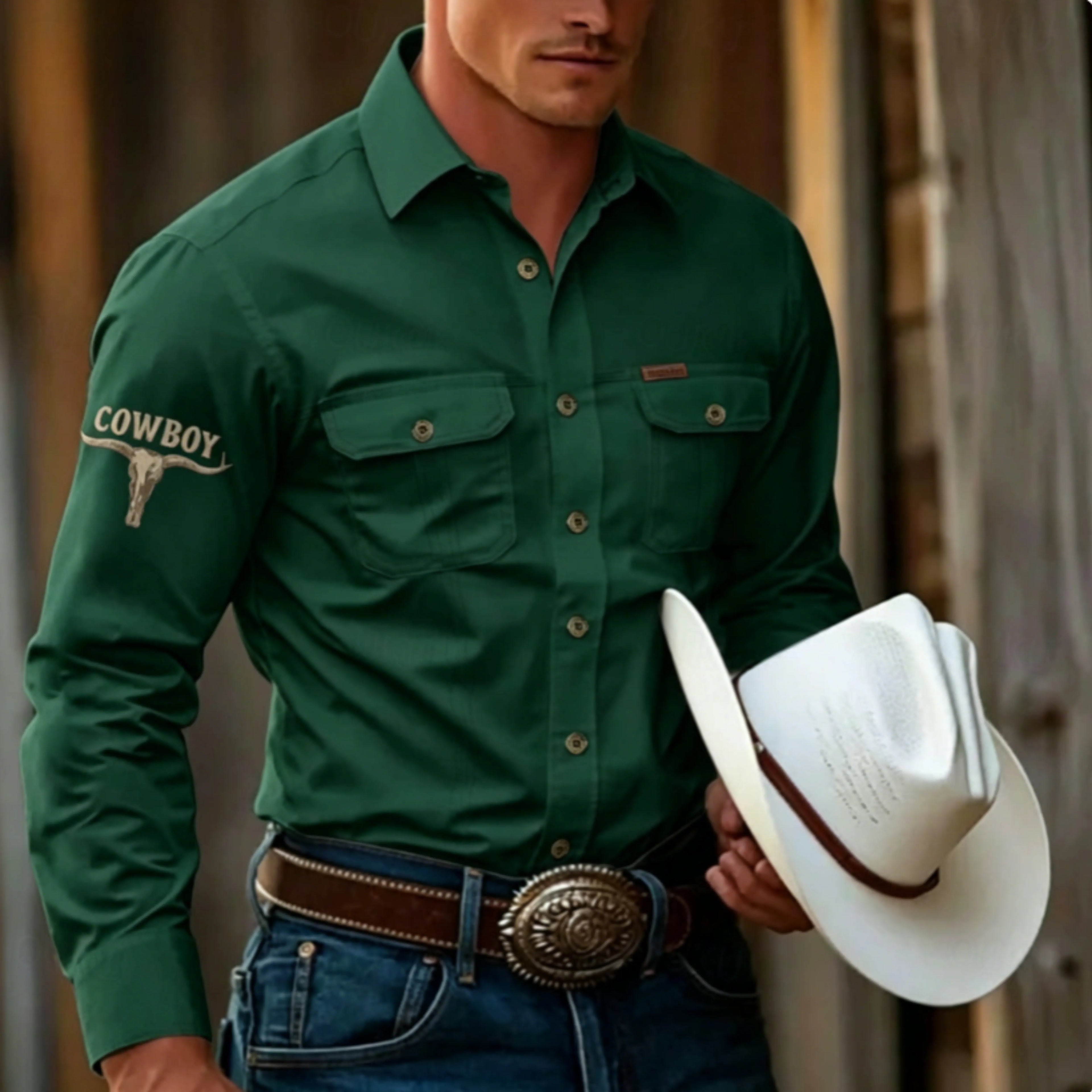 Men's Cow Work Shirt Western Shirt Cargo Shirt Long Sleeve Casual Tactical Sports & Outdoor