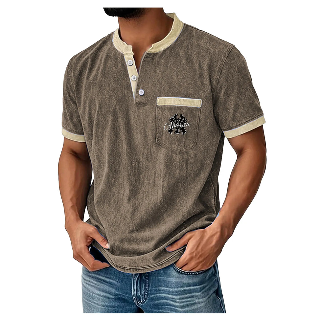 Men's Henley Shirt 100% Cotton Acid Wash Shirt T shirt Tee Short Sleeve Solid Retro