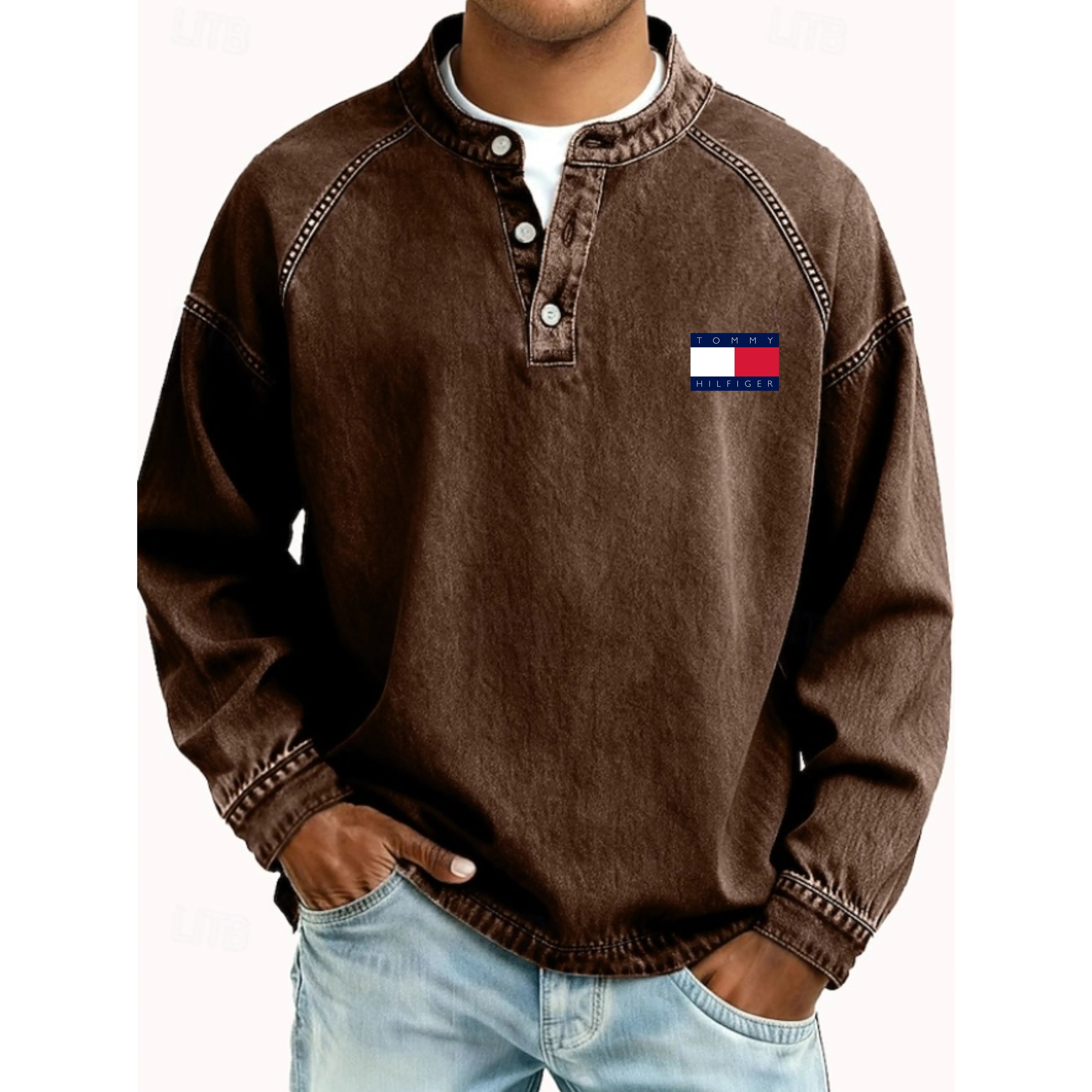 Men's T Shirt Henley Shirt 100% Cotton Acid Wash Shirt Tee Top