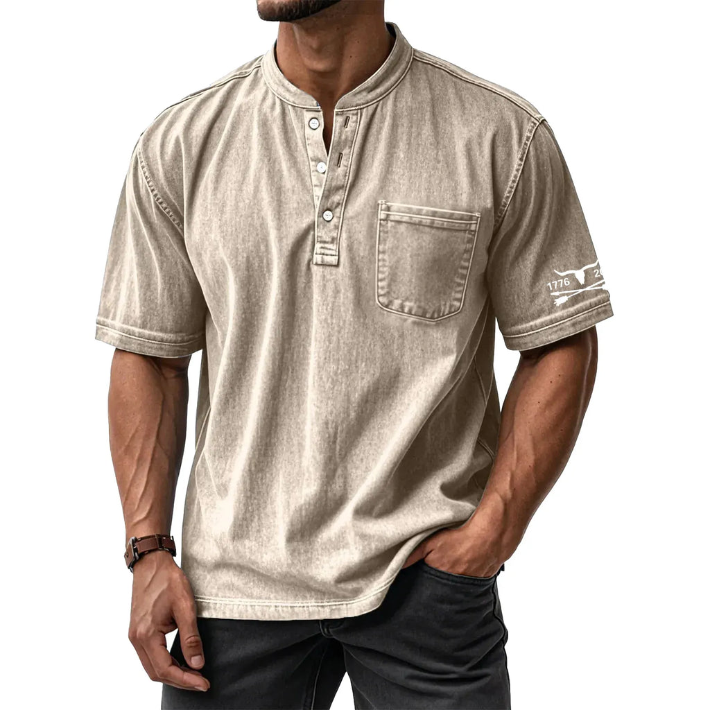 Men's Washed Cotton Short Sleeve Henley T-Shirt