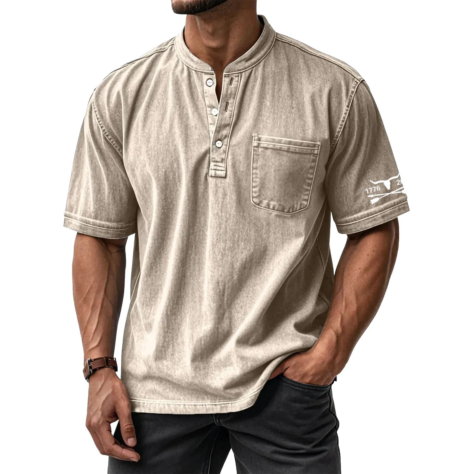 Men's Washed Cotton Short Sleeve Henley T-Shirt