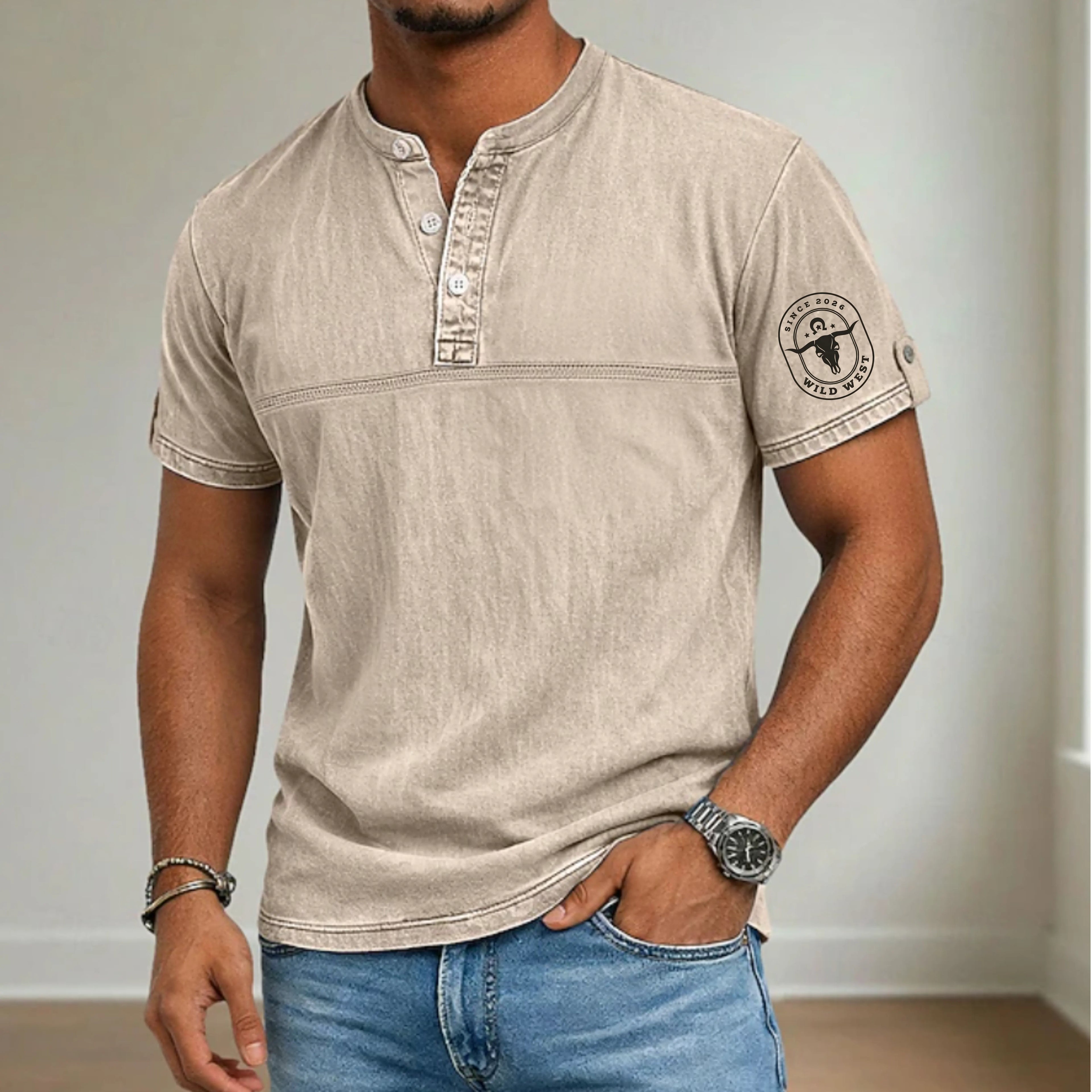 Men's Henley Shirt 100% Cotton Acid Wash Shirt Short Sleeve Henley