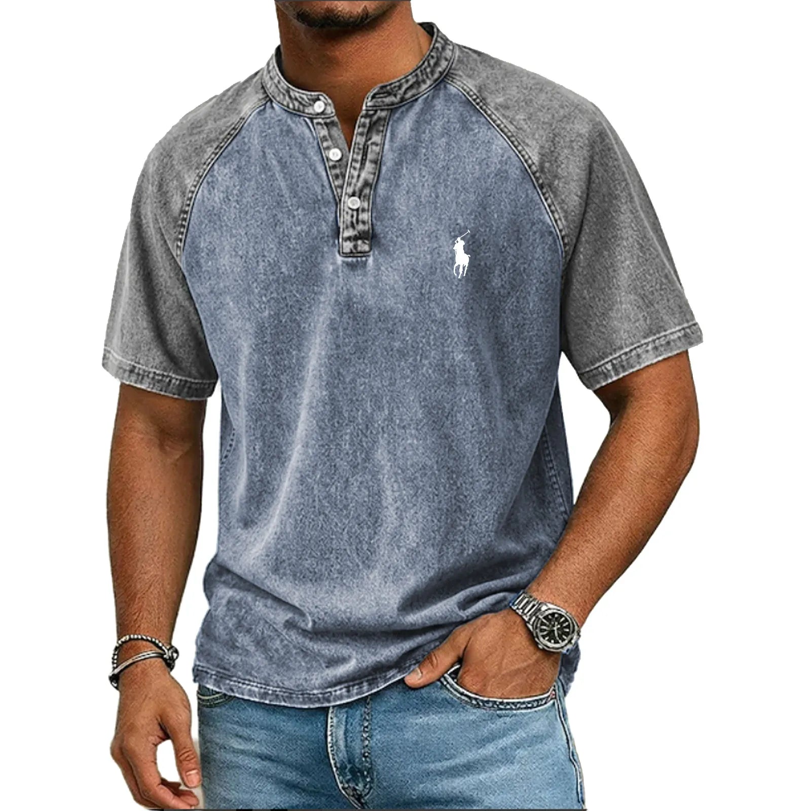 Men's Acid Wash Shirt Short Sleeve Color Block Patchwork