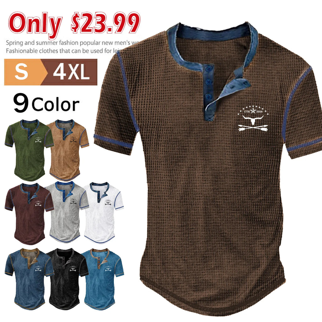 Men's waffle knit Henley short sleeve check T-shirt