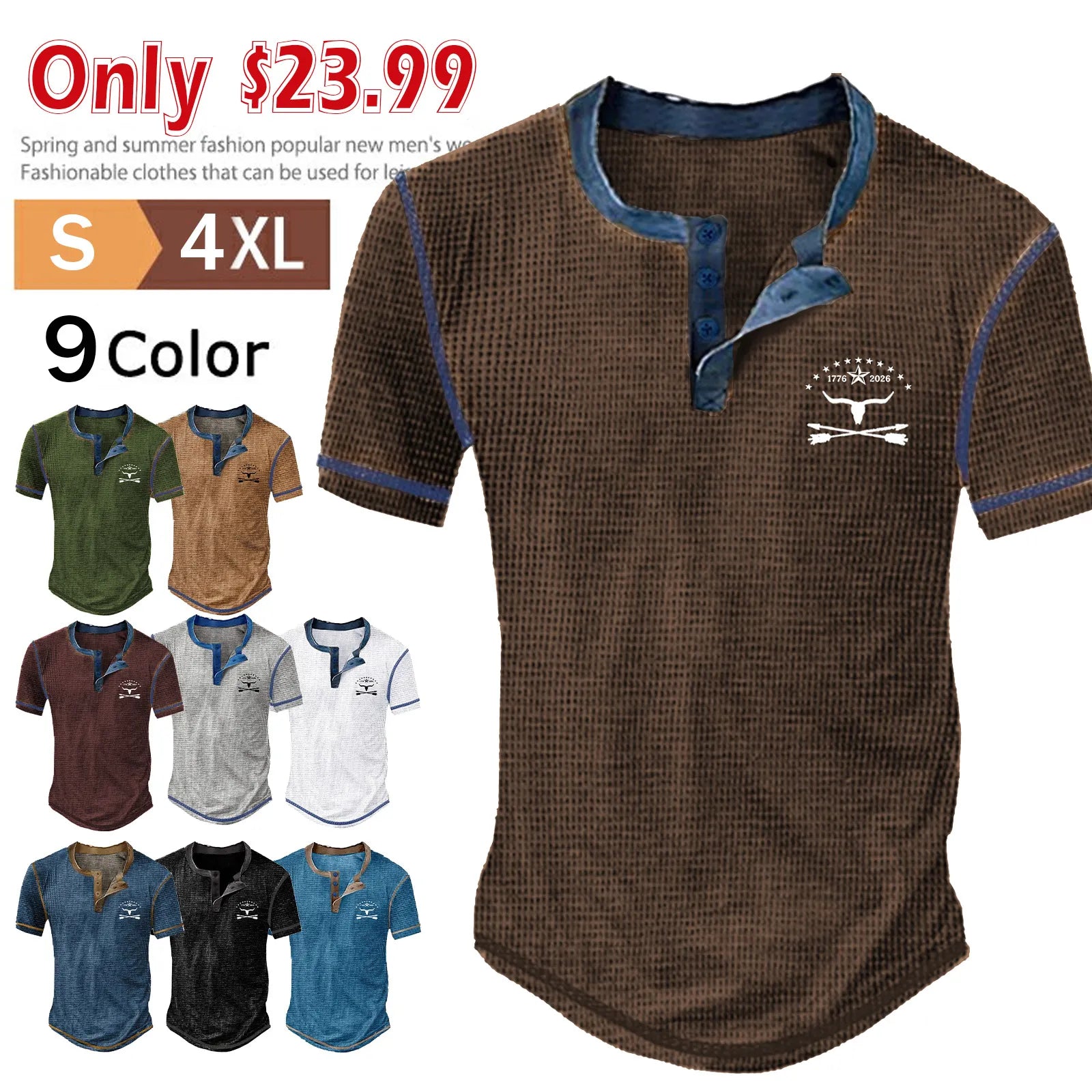 Men's waffle knit Henley short sleeve check T-shirt
