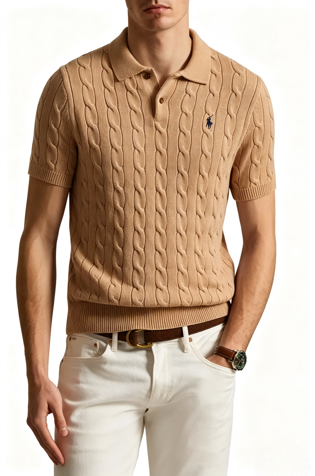 Classic Cable-Knit Cotton Polo Sweater