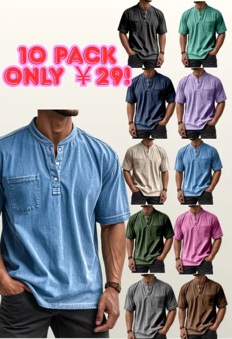 Men's Washed Cotton Short Sleeve Henley T-Shirt
