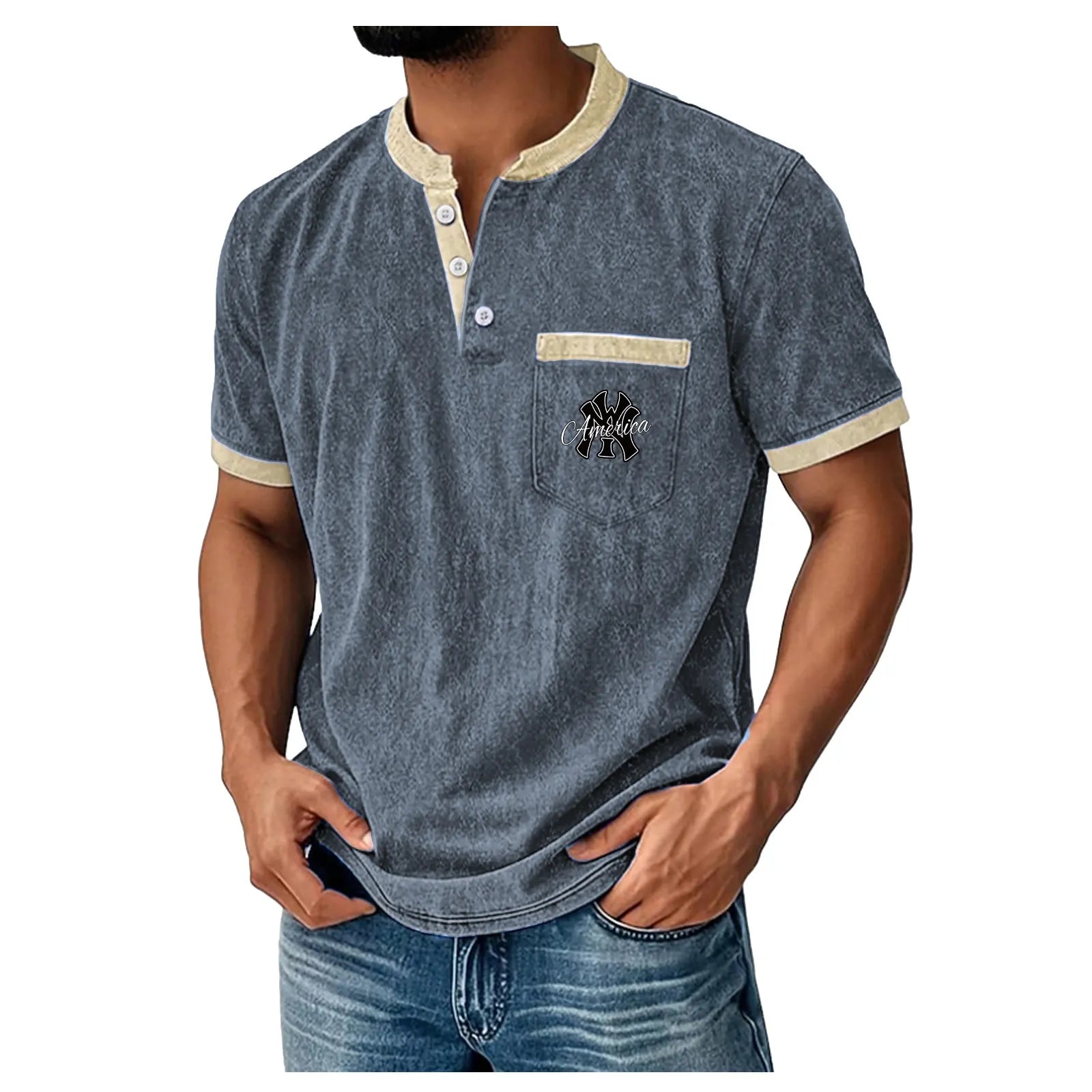Men's Henley Shirt 100% Cotton Acid Wash Shirt T shirt Tee Short Sleeve Solid Retro