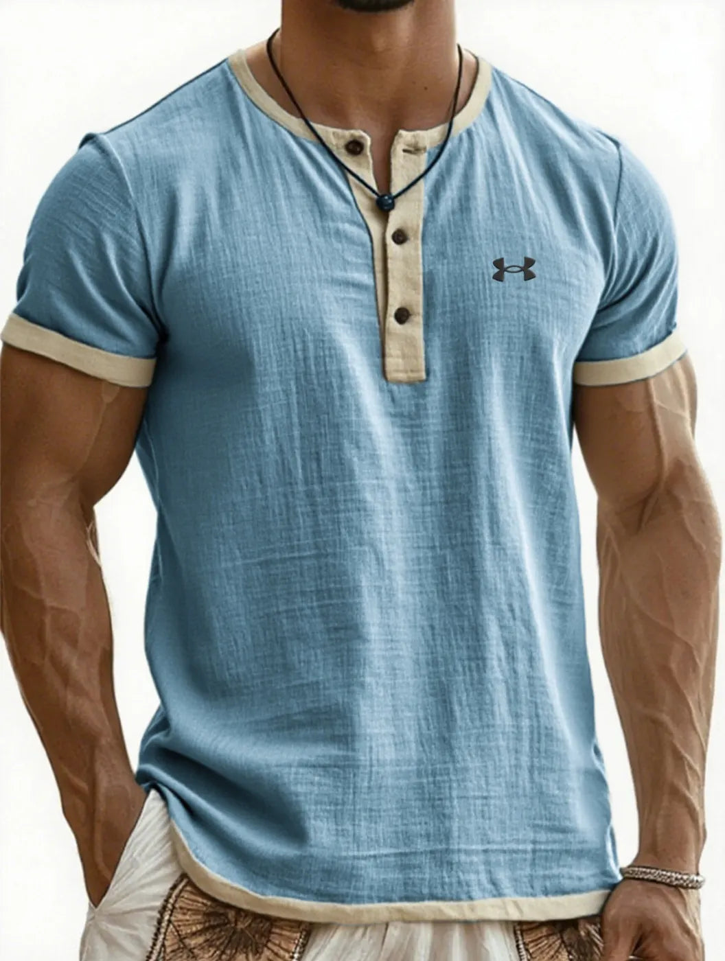 Men's Cotton Linen Casual Henley T-Shirt