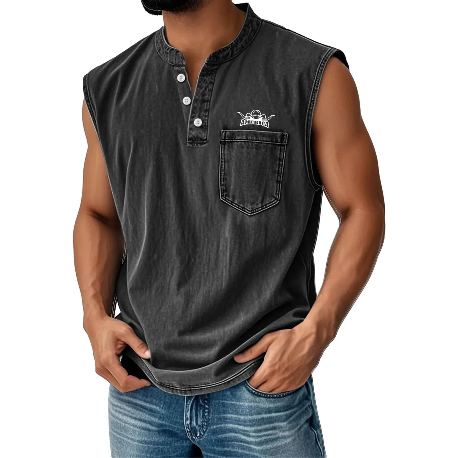 Work vest, Western vest, Casual sports outdoor vest, Henley collar button vest