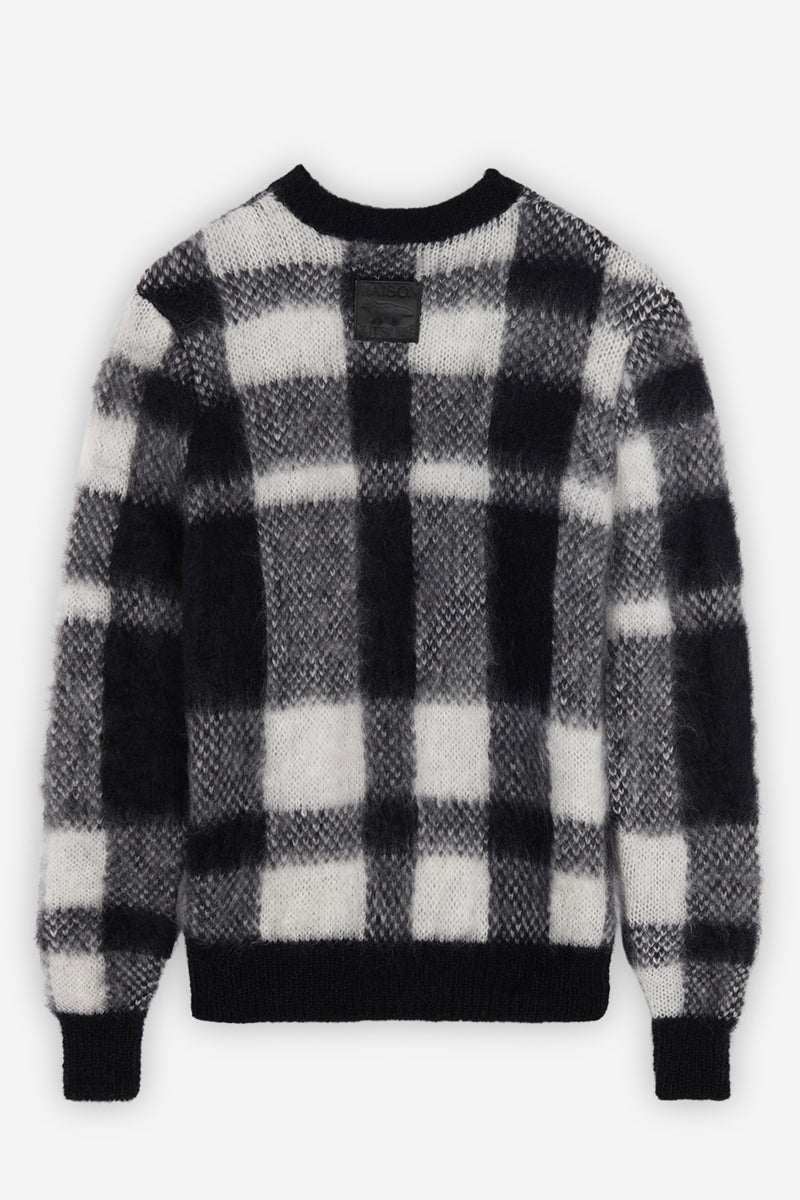 BRUSHED MOHAIR CHECK PULLOVER BLACK WHITE CHECK