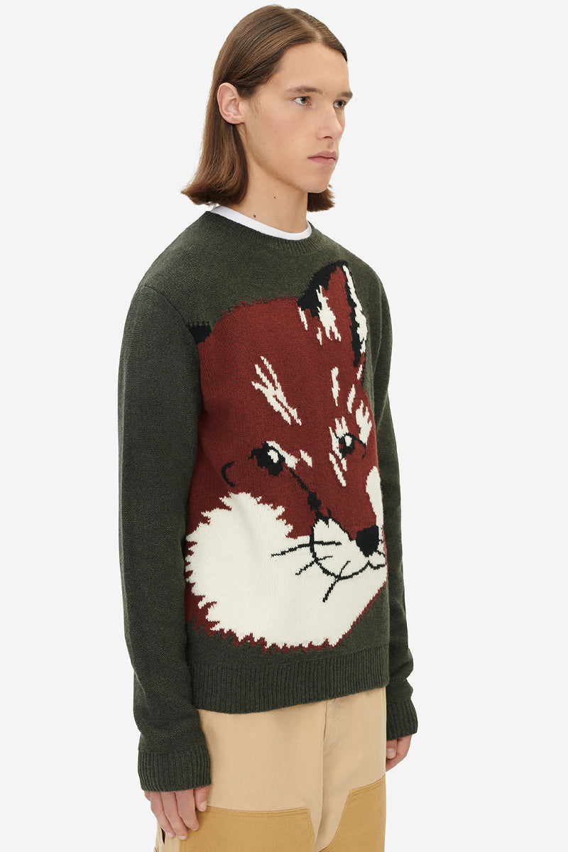 OVERSIZE FOX HEAD JACQUARD PULLOVER KHAKI GREY
