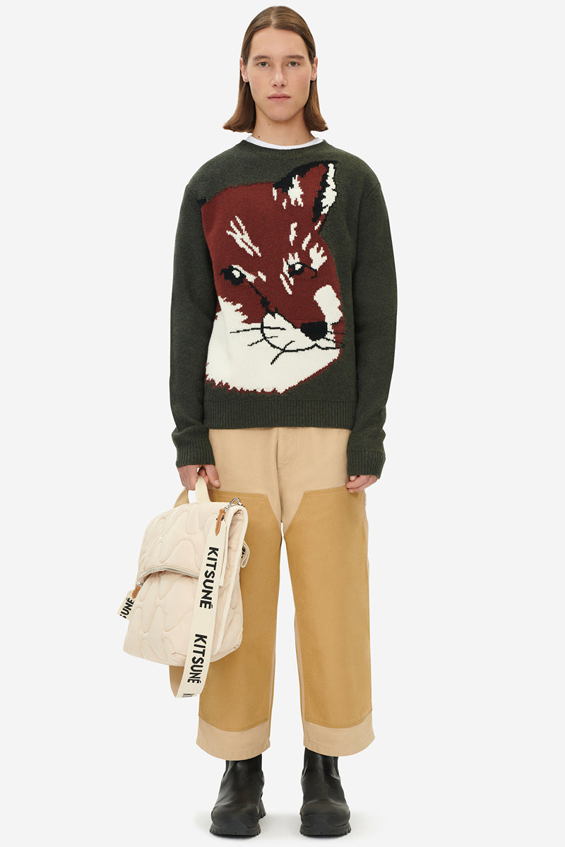 OVERSIZE FOX HEAD JACQUARD PULLOVER KHAKI GREY