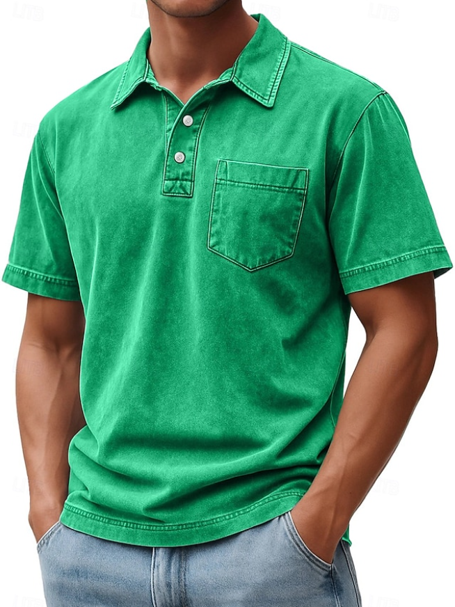 Men's Polo Shirts 100% Cotton Acid Wash Shirt Casual  Sleeve Fashion Basic Plain Vintage