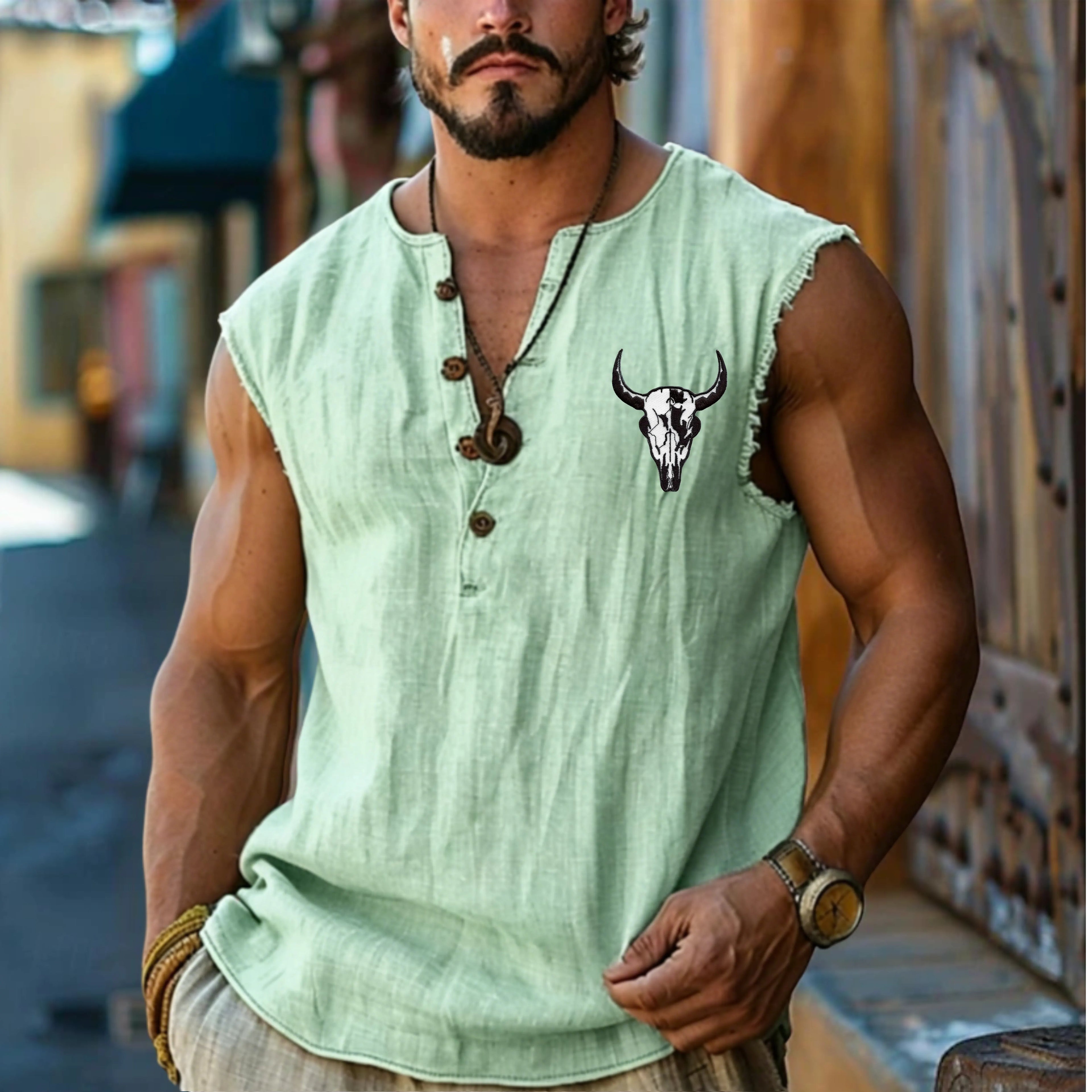 Men's Henley Shirt Vest Top Linen Tank Top Sleeveless Shirt Sleeveless Henley Summer Plain