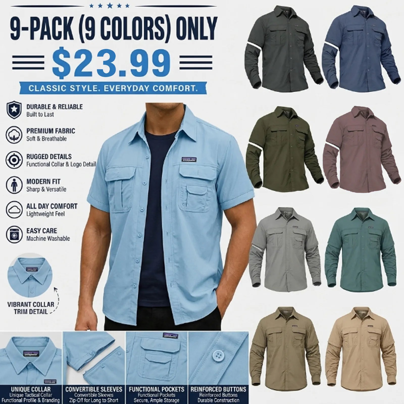 TACVASEN Men's Convertible Long Sleeve Fishing Shirts Lightweight Quick Dry