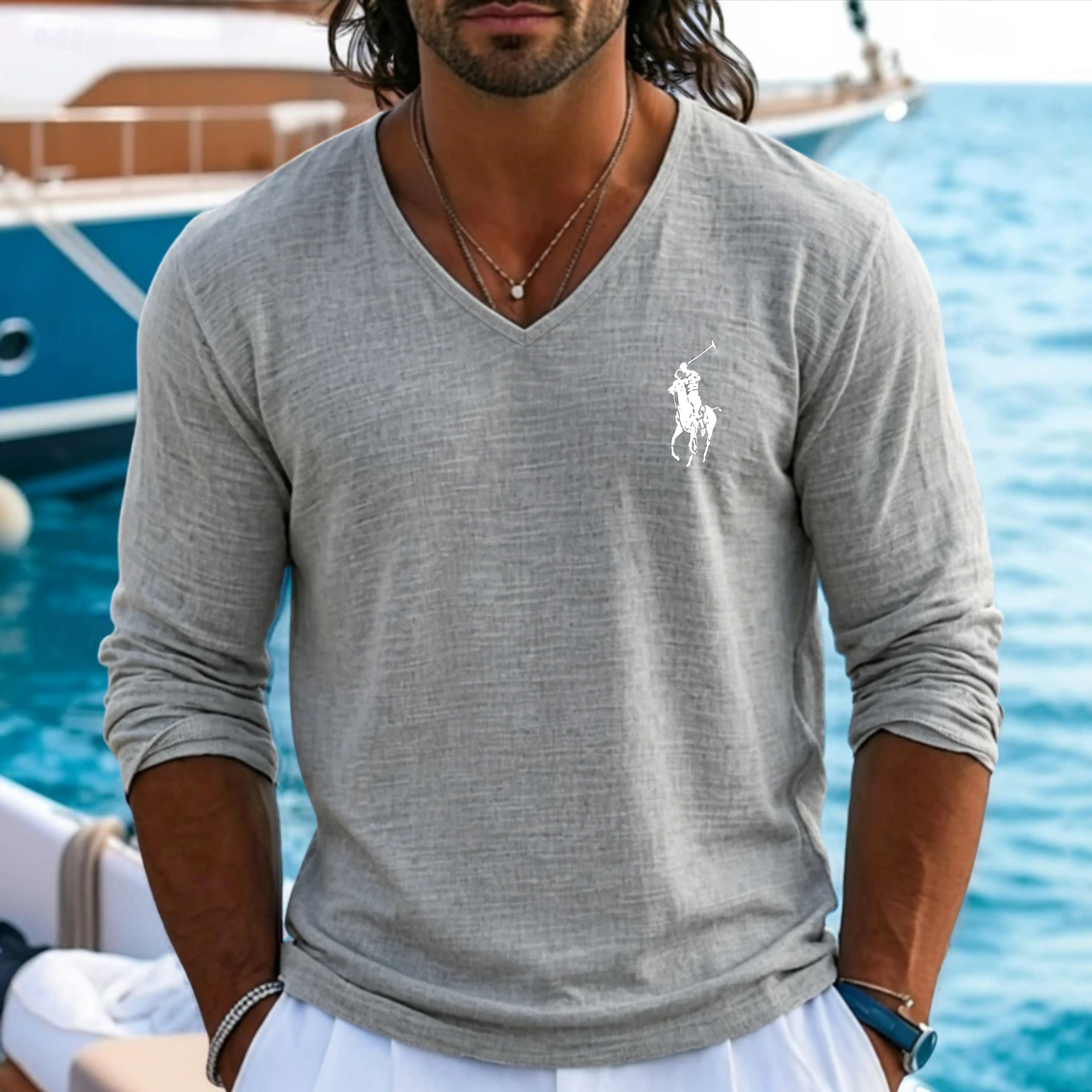 Men's Tee Top Linen T-Shirt Long Sleeve V Neck Summer Spring Spring & Summer Solid Color